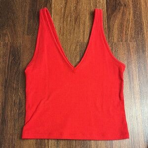 Red V-Neck Ribbed Women's Top